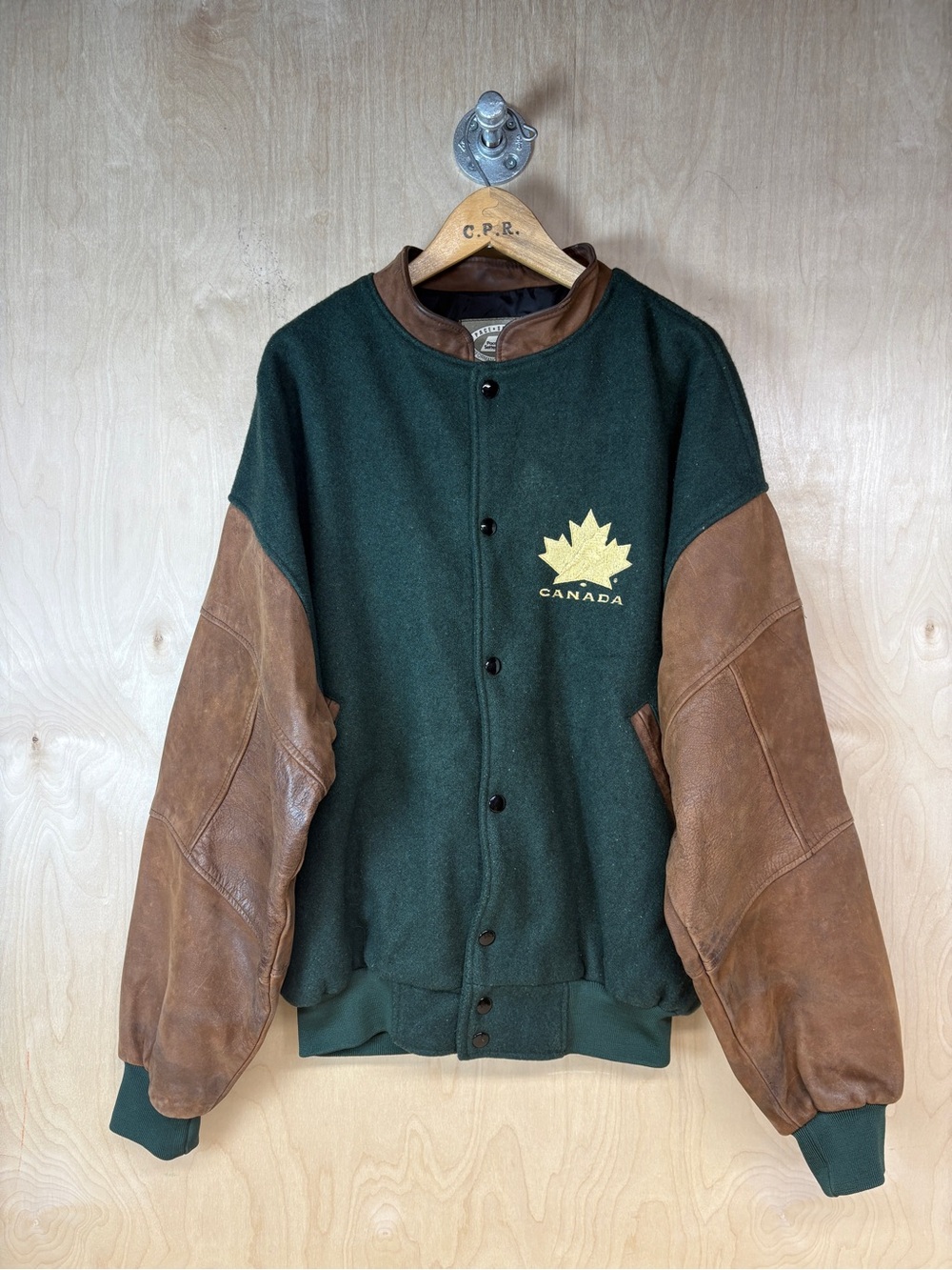 Vintage Team Canada Hockey Canada Green Wool and Brown Leather Bomber Jacket